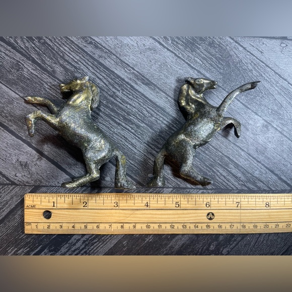 Vintage Cast Metal Black Gold Bronze Standing Horses Set of 2 Signed by Artist M - Picture 11 of 11